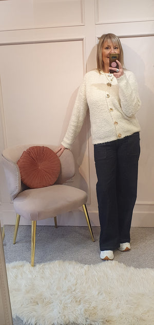 Gold Button Boucle Cardigan - Cream