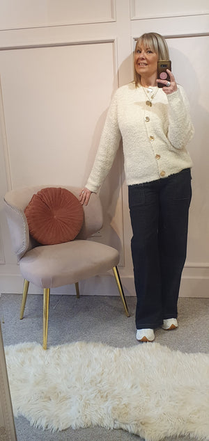 Gold Button Boucle Cardigan - Cream