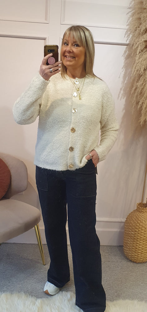 Gold Button Boucle Cardigan - Cream