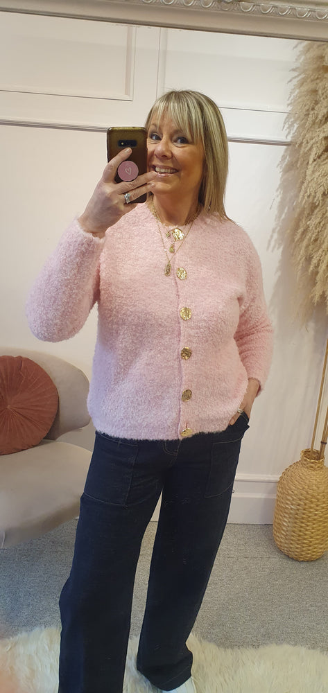 Gold Button Boucle Cardigan - Baby Pink