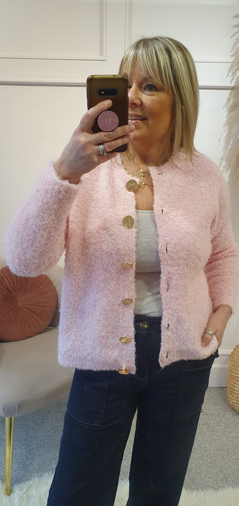 Gold Button Boucle Cardigan - Baby Pink