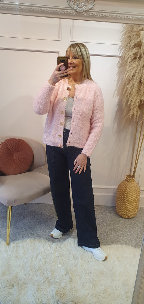 Gold Button Boucle Cardigan - Baby Pink