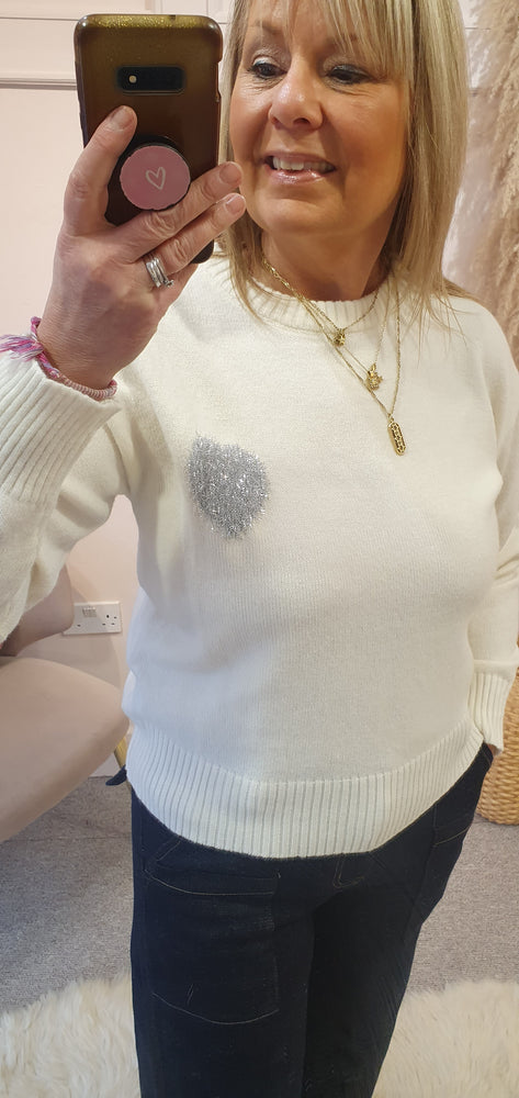 Silver Sparkle Heart Jumper - Cream