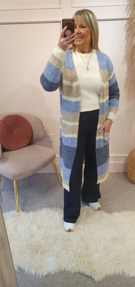 Striped Long Soft Feel Cardigan - Blue/Cream