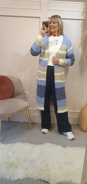 Striped Long Soft Feel Cardigan - Blue/Cream