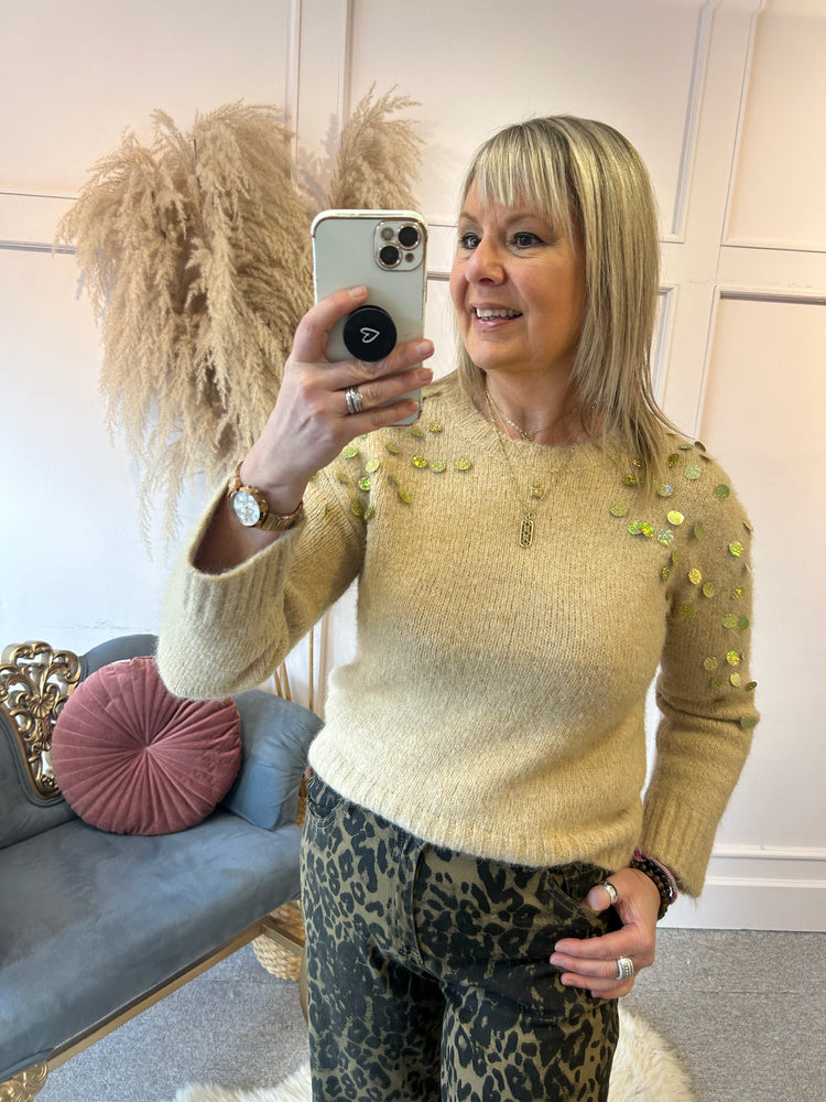 Disco Sequin Detail Jumper - Tan