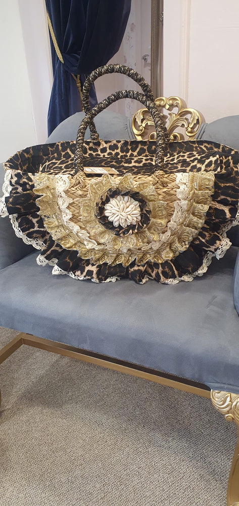 Gold Frills & Flower Shells Large Straw Tote Bag - Straw/Leopard