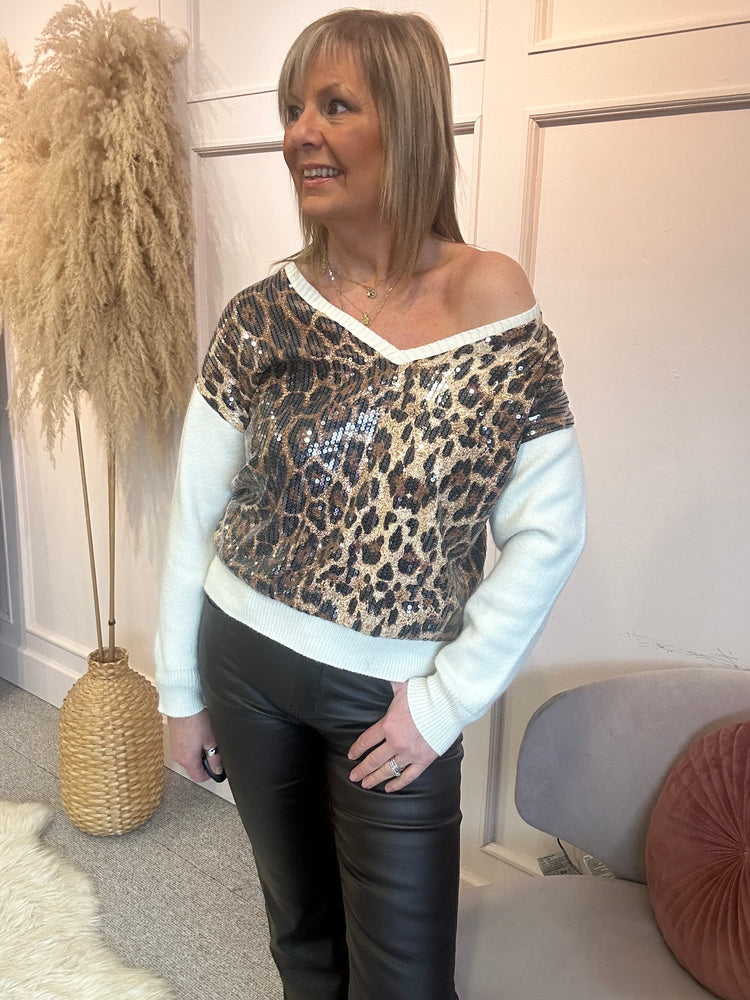 Leopard Sequin Front Jumper  - Cream