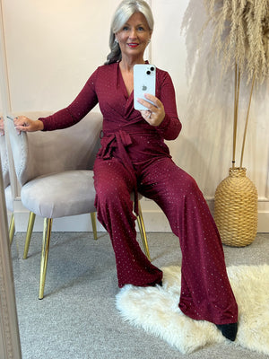 Sparkle Slinky Jumpsuit - Burgundy