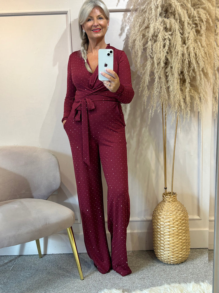 Sparkle Slinky Jumpsuit - Burgundy