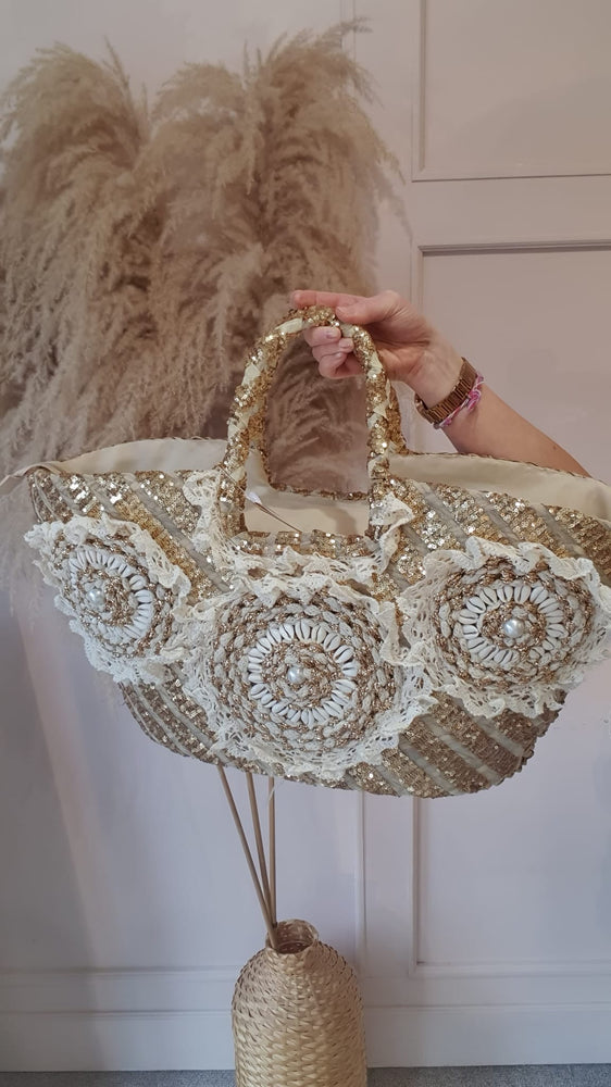 Broderie Anglaise & Shell  Large Straw Tote Bag - Straw/Gold