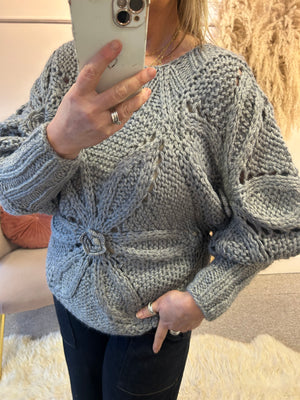 Chunky Knit Flower Pattern Jumper - Grey