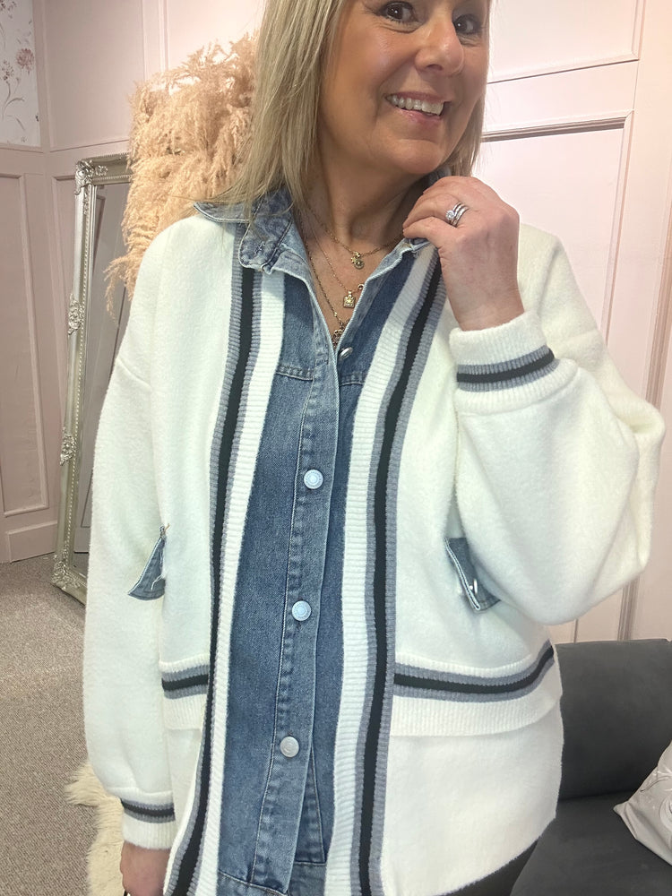 Cream & Denim Inspired Cardigan Jacket  - Cream