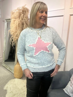 Pink Star On A Soft Jumper - Grey