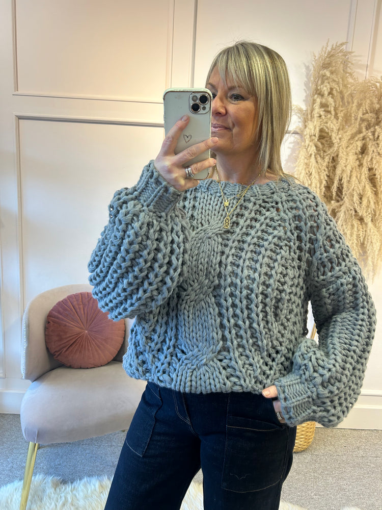 Round Neck Chunky Cable Jumper - Grey