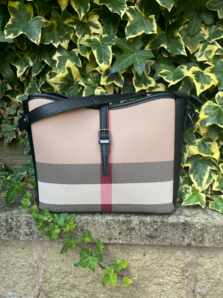 Stylish Check Buckle Handbag - Beige/Black