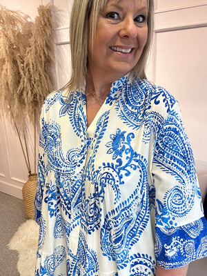 Floral Paisley Smock Tunic Dress - Blue/White