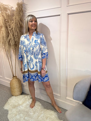 Floral Paisley Smock Tunic Dress - Blue/White