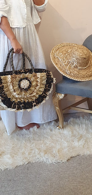 Gold Frills & Flower Shells Large Straw Tote Bag - Straw/Leopard