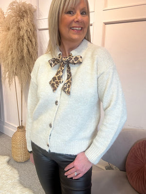 Leopard Tie Cardigan  - Cream