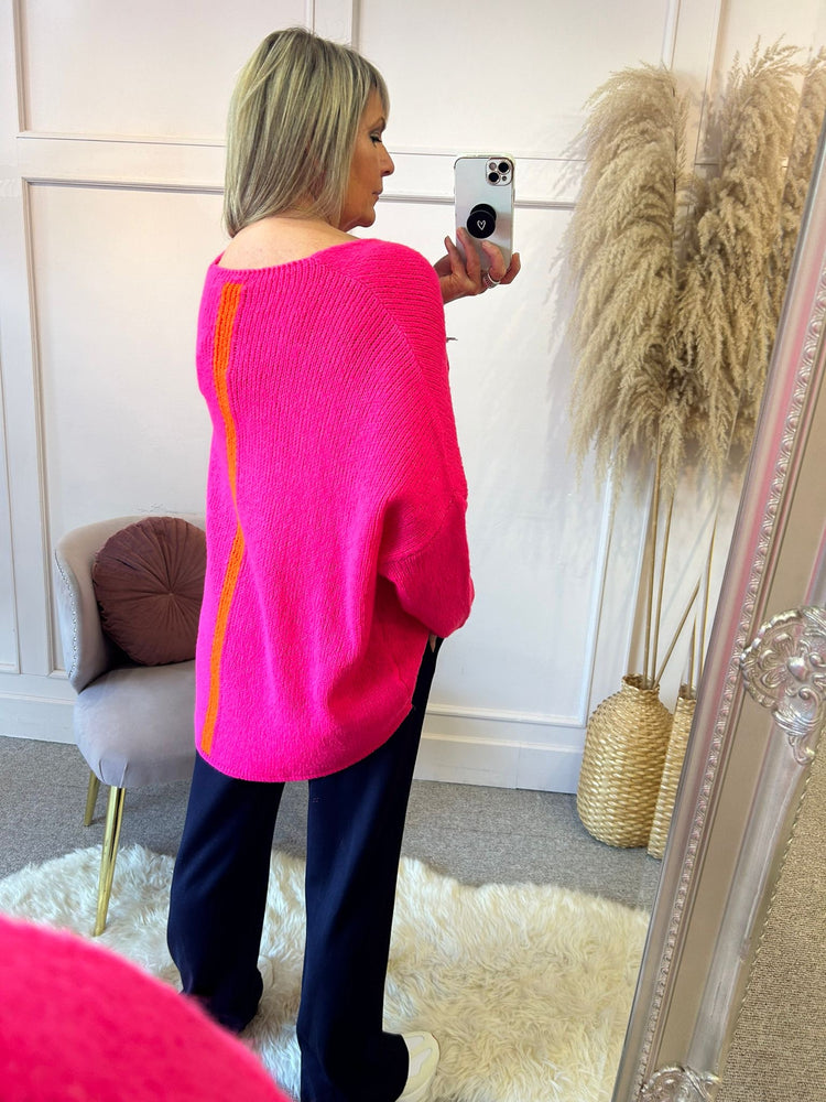 V - Neck Stripe On Back Jumper - Fuchsia/Orange