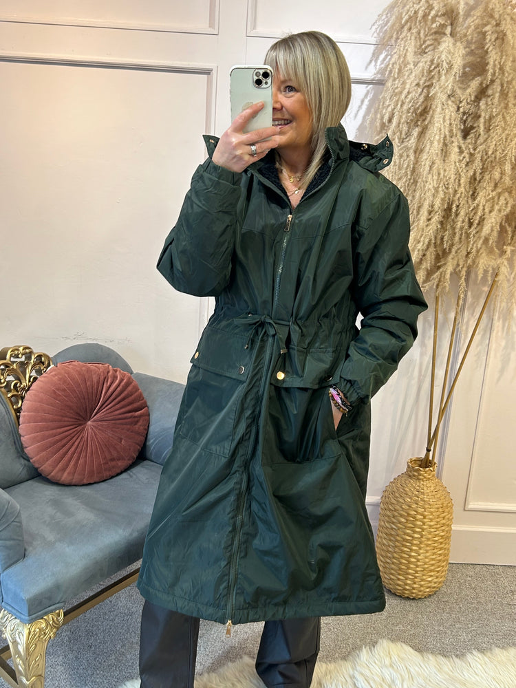 Long Hooded Drawstring Waisted Coat - Khaki