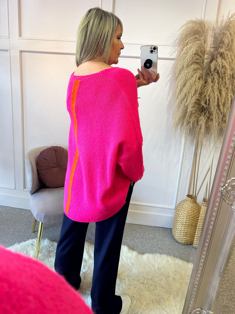 V - Neck Stripe On Back Jumper - Fuchsia/Orange