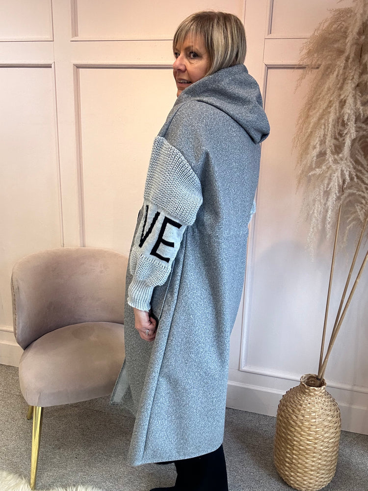 Long Hooded Love Coat Jacket - Grey