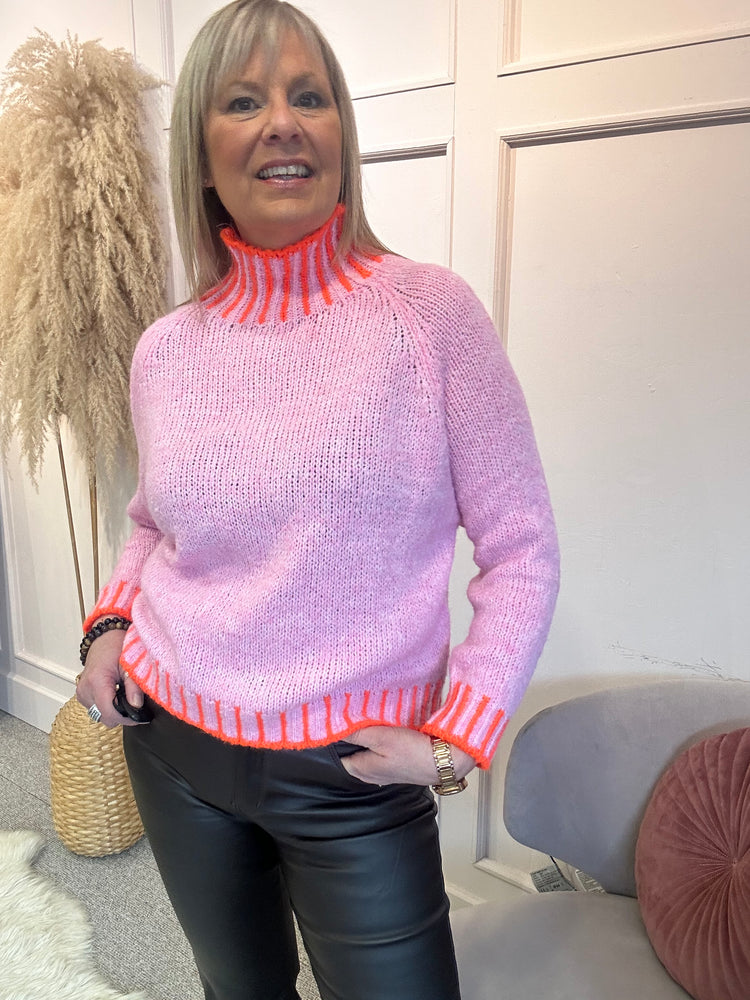 High Neck Stitched Edge Jumper - Pink/Orange