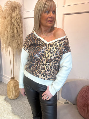 Leopard Sequin Front Jumper  - Cream