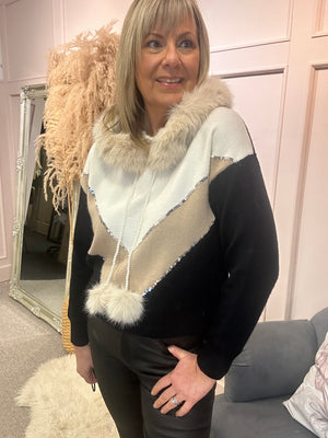 Fur Edge Hoody With Pearl Detail - Cream/Mix