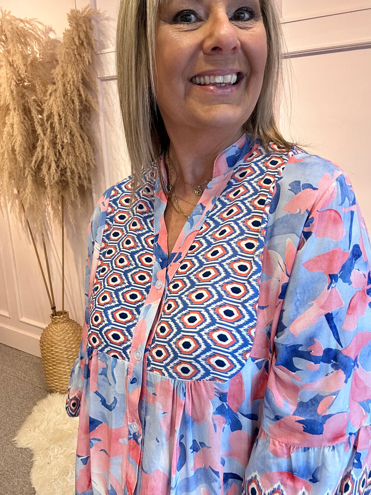 Floral Aztec Smock Tunic Dress - Pink/Blue