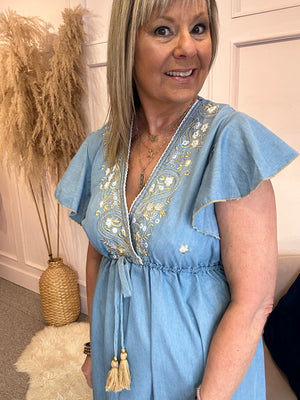 Boho Cap Sleeved Embroidered Dress - Mid Blue