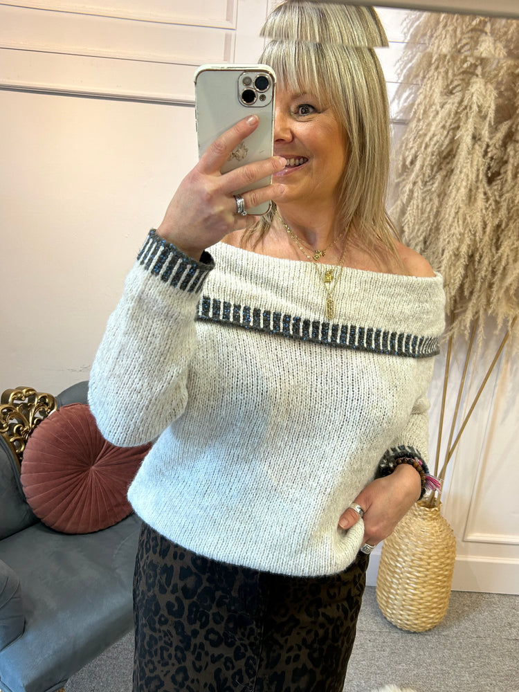 Off Shoulder Stitched Edge Jumper - Cream