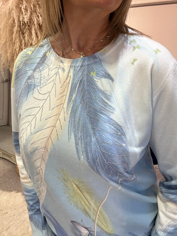 Feather Design & Touch Of Sparkle Jumper - Cream/Blue