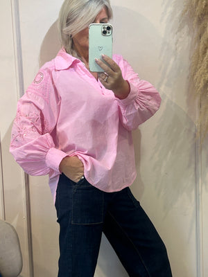 V Neck Collared Embellished Sleeve Blouse - Pink