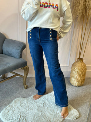 Button Detail Wide Leg Jeans- Dark Denim