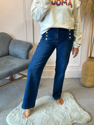 Button Detail Wide Leg Jeans- Dark Denim