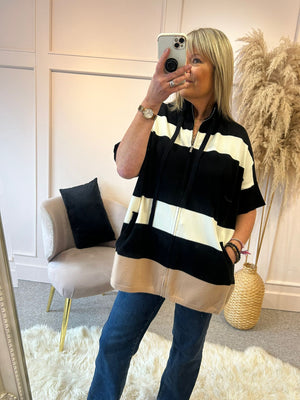 Zip-Up Stripe Jumper - Black/Cream