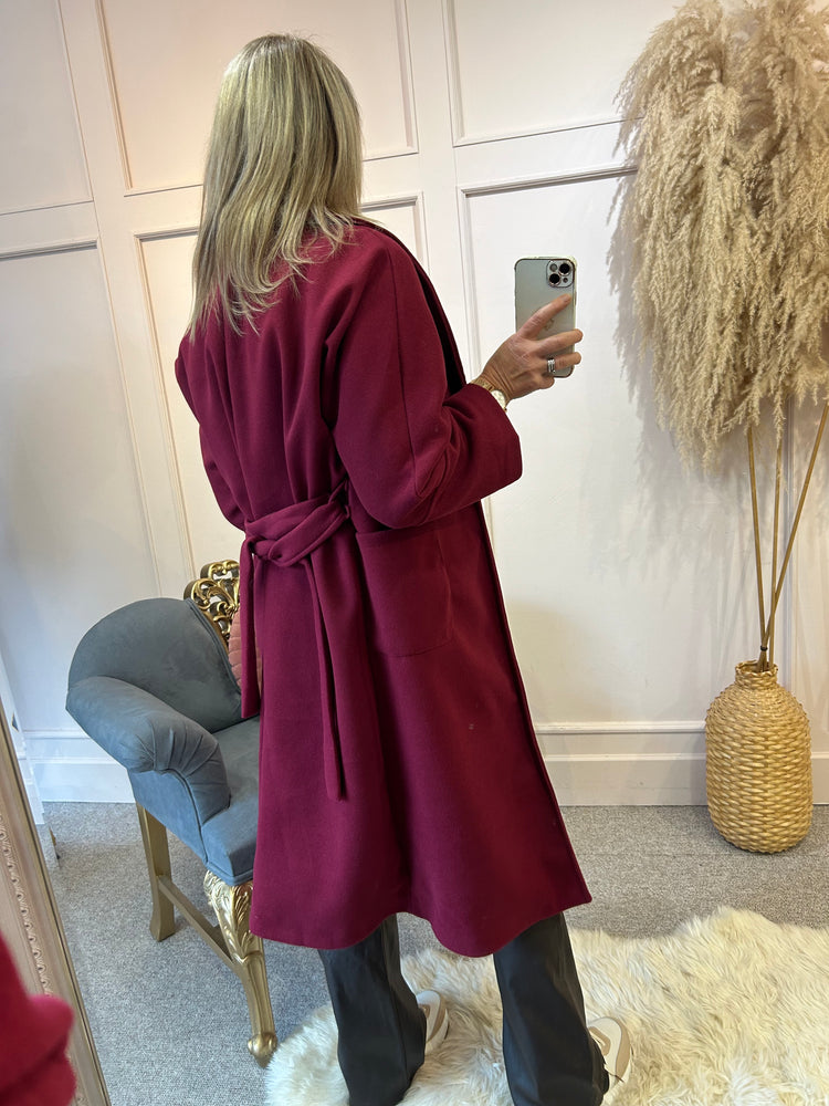 Belted Wrap Coat - Burgundy