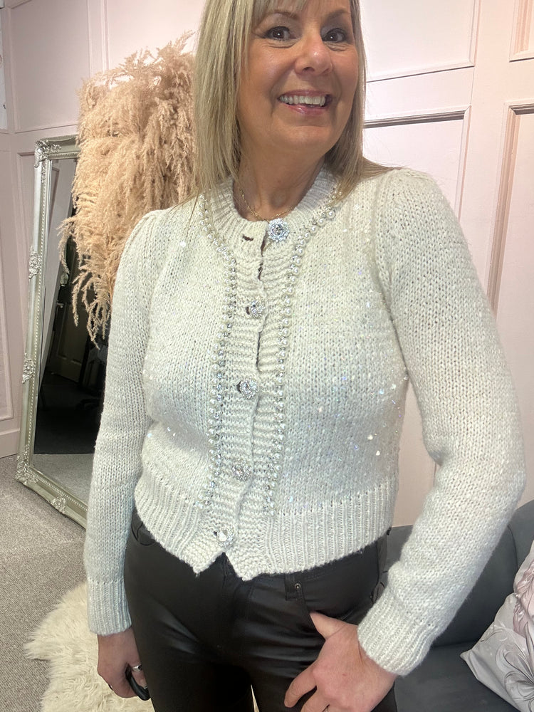 Pearl & Sequin Touches On Cardi Jacket  - Cream