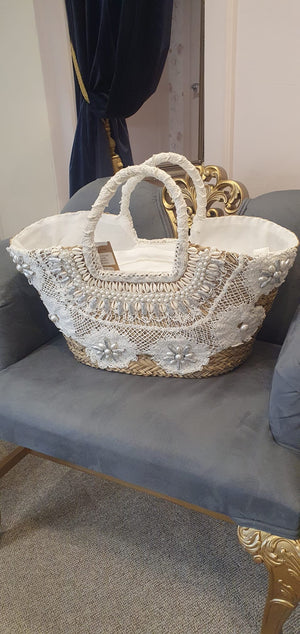 Pearl/Shell & Crochet Large Straw Tote Bag - Straw/White