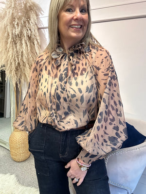 Ruffle Neck Blouse - Leopard