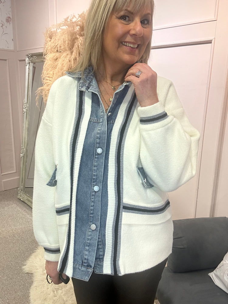 Cream & Denim Inspired Cardigan Jacket  - Cream