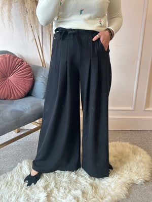 Wide Leg Pin Tuck Front Pants - Black