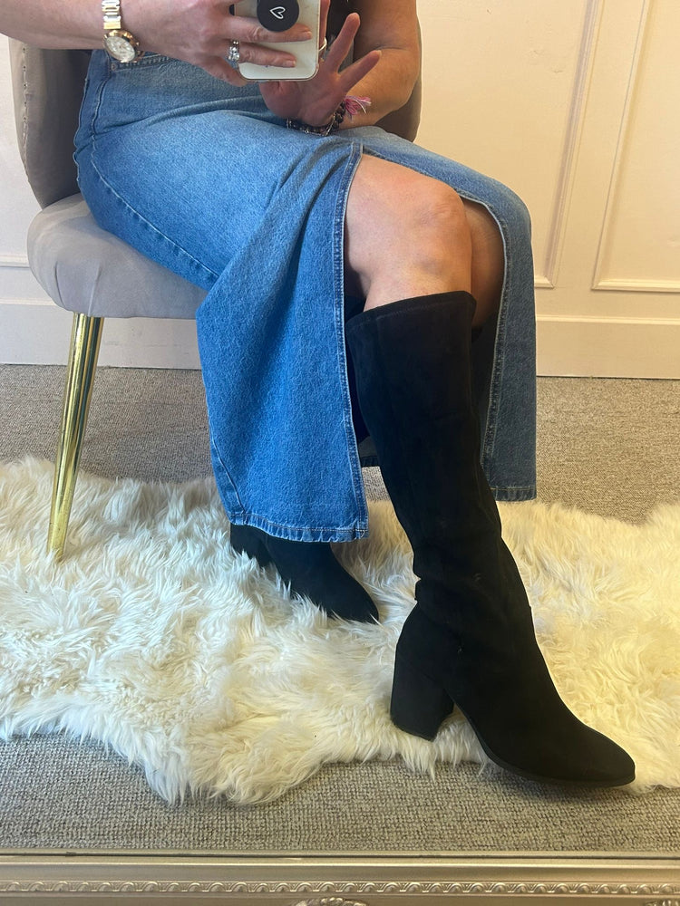 Suedette Long Heeled Boot - Black