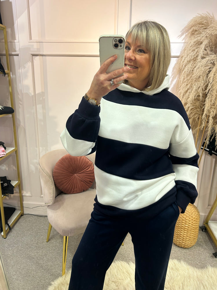 Stripey Hoody Sweatshirt - Navy/Cream