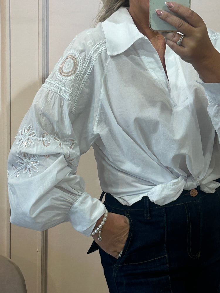 V Neck Collared Embellished Sleeve Blouse - White