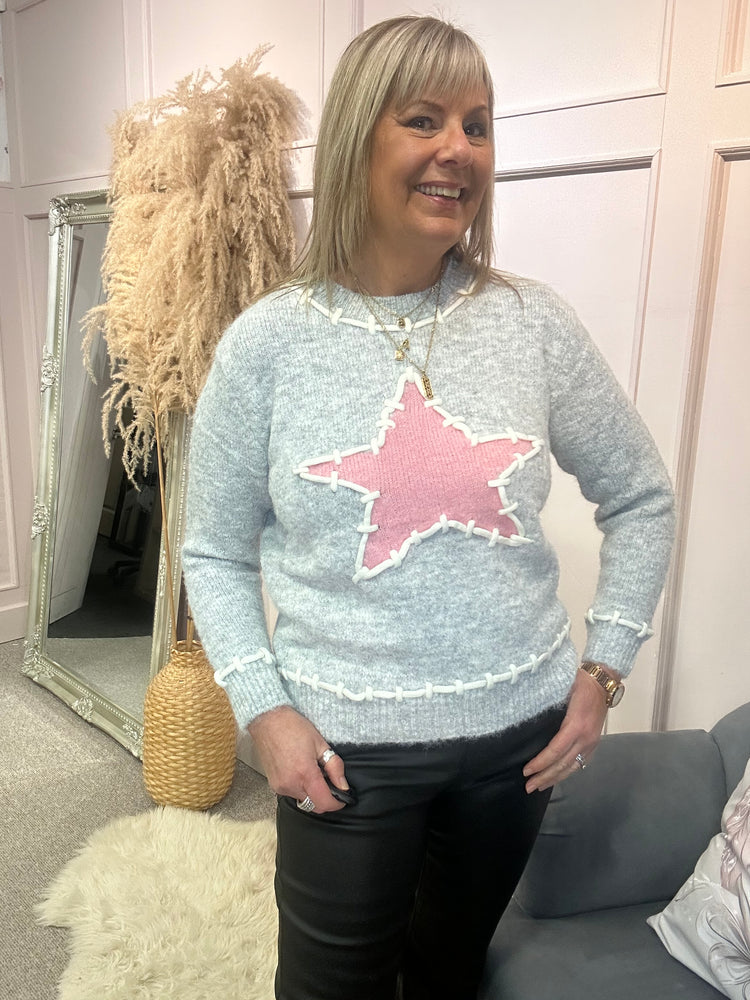 Pink Star On A Soft Jumper - Grey