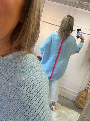 V - Neck Stripe On Back Jumper - Pale Blue/Pink